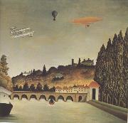 Henri Rousseau View of the Bridge at Sevres and Saint-Cloud with Airplane,Balloon,and Dirigible Spain oil painting artist